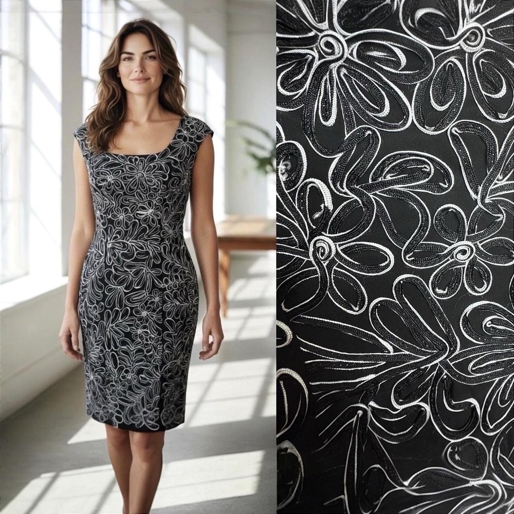 Sue Wong Black White Ribbon Swirl Wedding Guest Cocktail Dress Size‎ 4